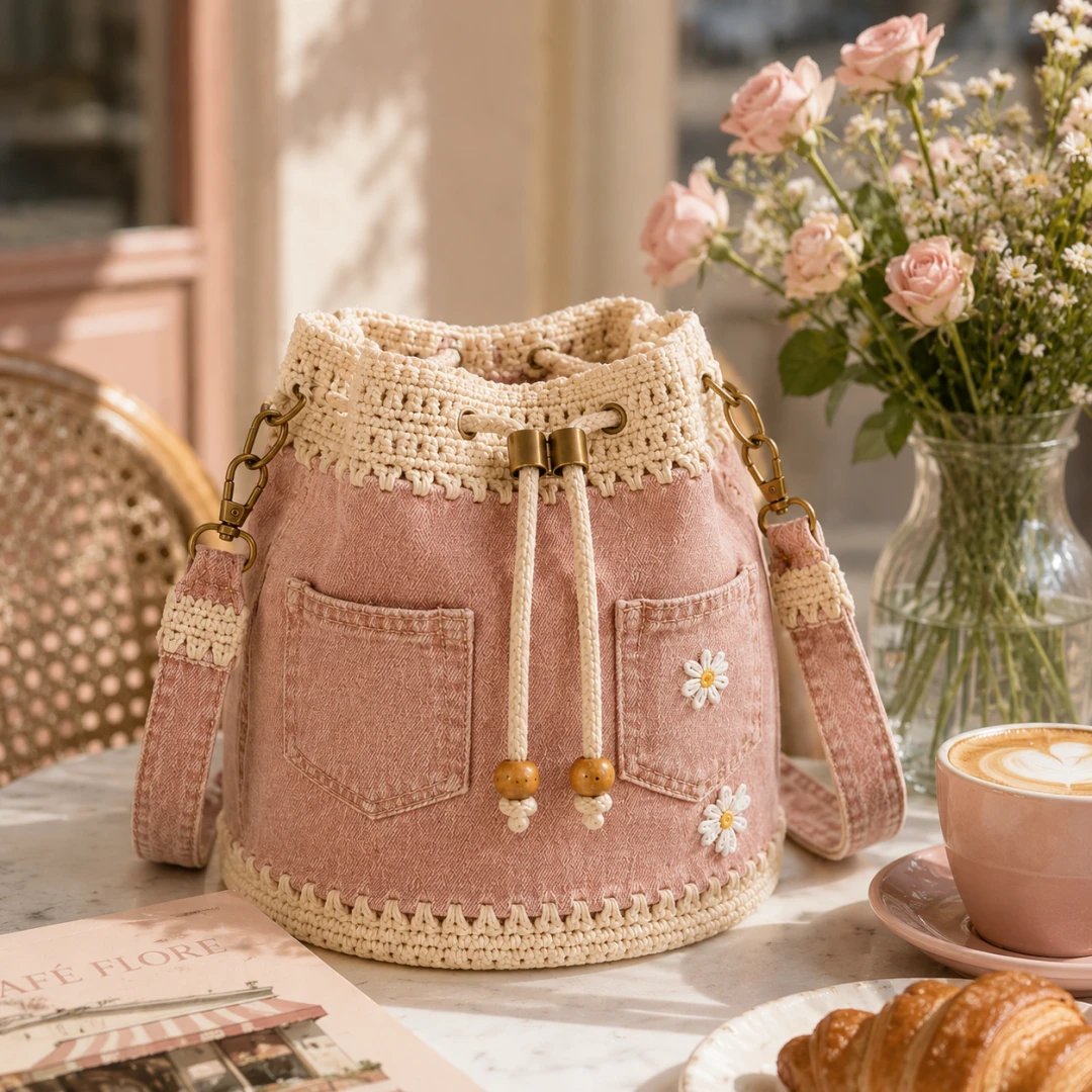 🔥Gorąca wyprzedaż! 50% zniżki!✨👜Ręcznie robiona, szydełkowana torebka typu wiaderko z jeansu
