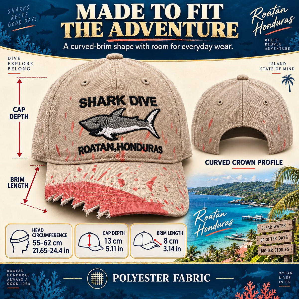 🦈 Czapka z daszkiem „Shark Bite” | Haftowany rekin • Postrzępiony daszek w kształcie zęba rekina