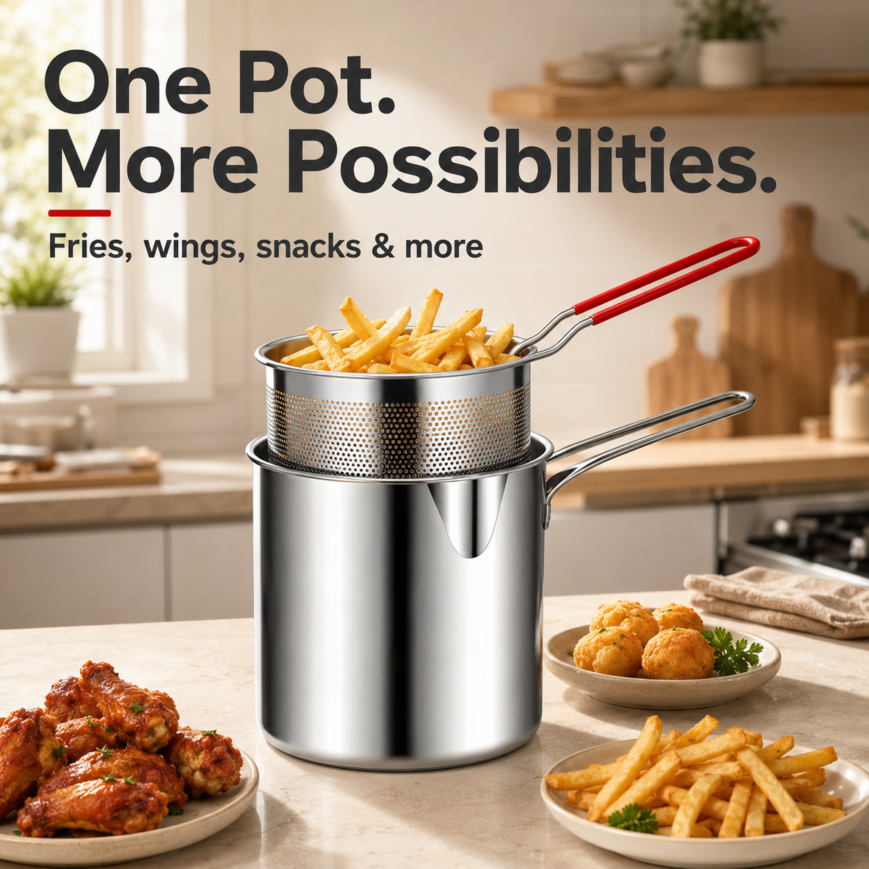 2026🍟 Zestaw do mini frytkownicy – garnek ze stali nierdzewnej z wysuwanym koszem spustowym i szczypcami do żywności