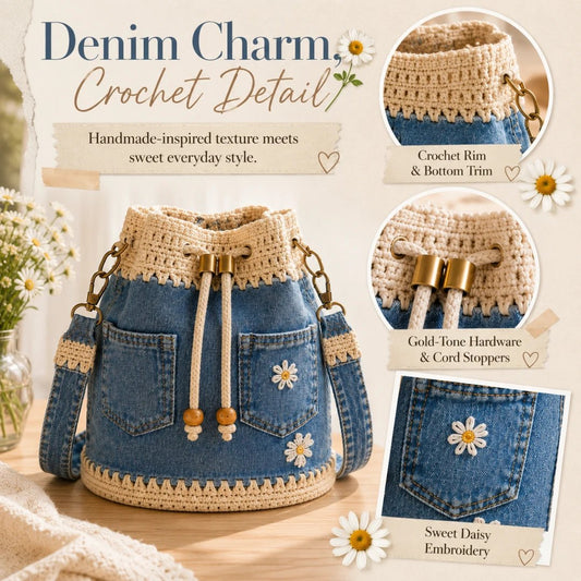 🔥Gorąca wyprzedaż! 50% zniżki!✨👜Ręcznie robiona, szydełkowana torebka typu wiaderko z jeansu