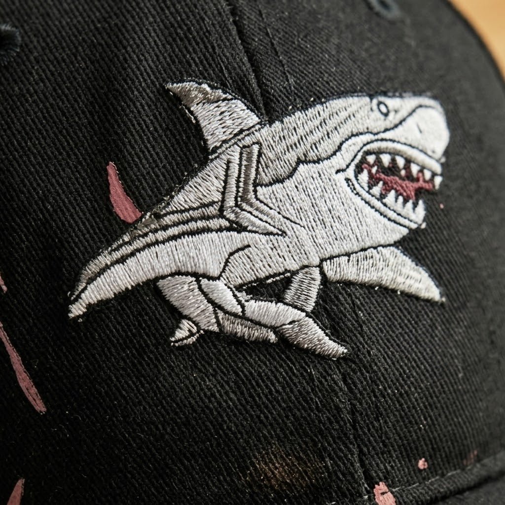 🦈 Czapka z daszkiem „Shark Bite” | Haftowany rekin • Postrzępiony daszek w kształcie zęba rekina