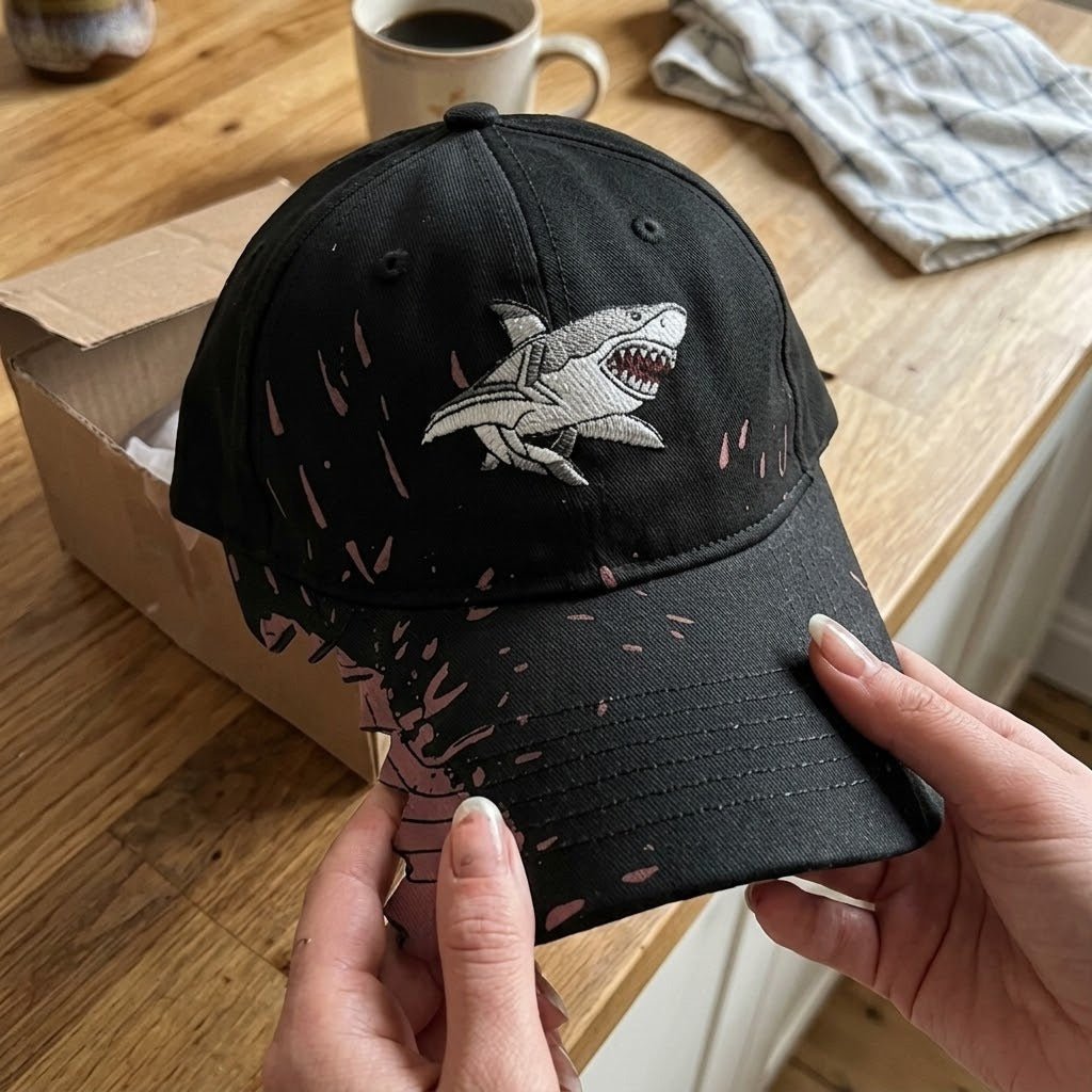 🦈 Czapka z daszkiem „Shark Bite” | Haftowany rekin • Postrzępiony daszek w kształcie zęba rekina