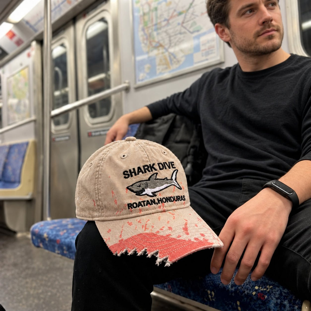 🦈 Czapka z daszkiem „Shark Bite” | Haftowany rekin • Postrzępiony daszek w kształcie zęba rekina