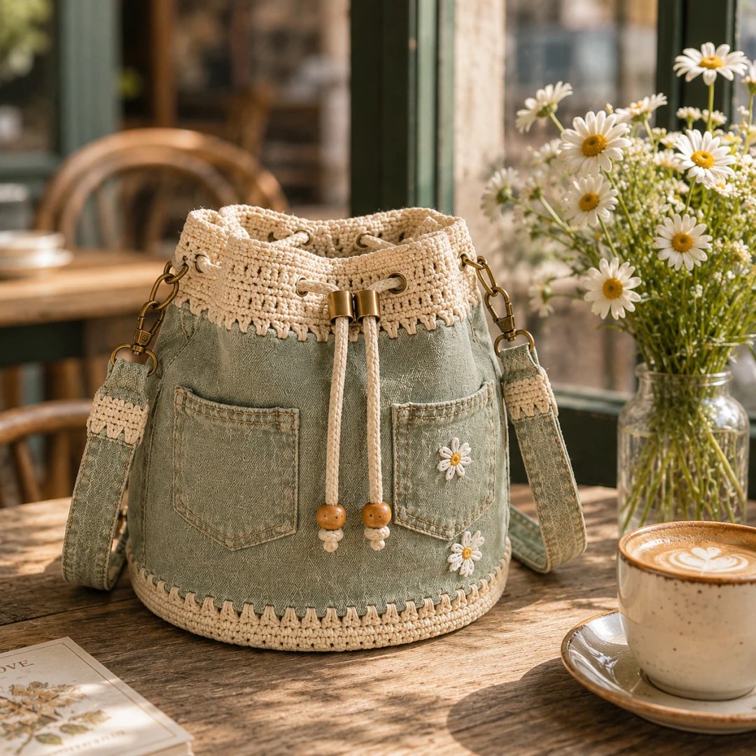 🔥Gorąca wyprzedaż! 50% zniżki!✨👜Ręcznie robiona, szydełkowana torebka typu wiaderko z jeansu