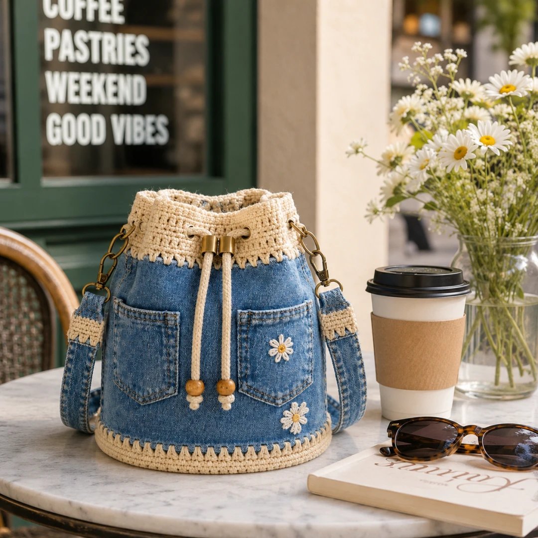🔥Gorąca wyprzedaż! 50% zniżki!✨👜Ręcznie robiona, szydełkowana torebka typu wiaderko z jeansu