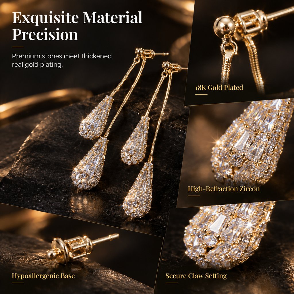 💎Eleganckie damskie kolczyki z cyrkoniami – dwustronne, w kształcie łezki, z chwostami