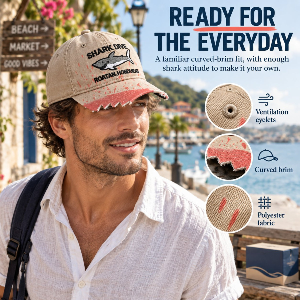 🦈 Czapka z daszkiem „Shark Bite” | Haftowany rekin • Postrzępiony daszek w kształcie zęba rekina