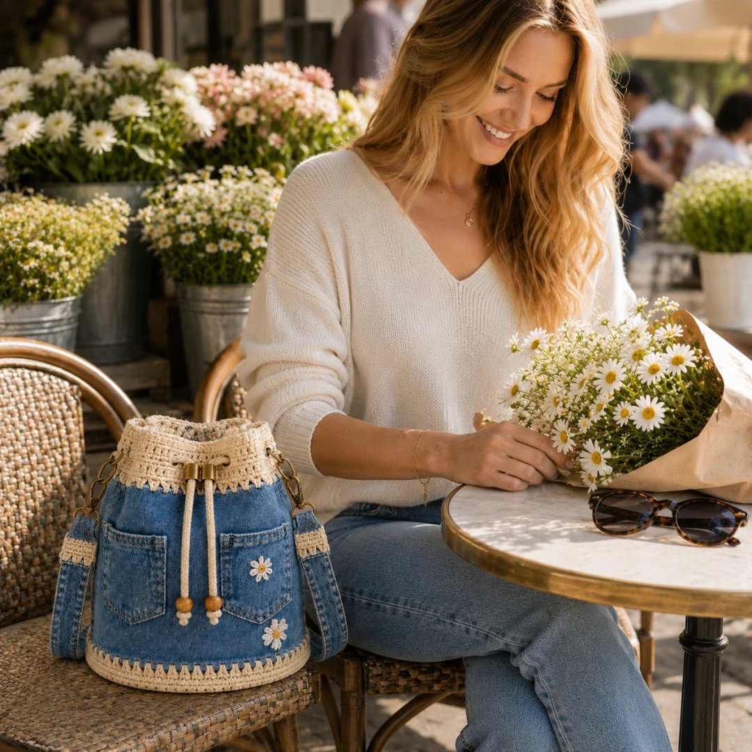 🔥Gorąca wyprzedaż! 50% zniżki!✨👜Ręcznie robiona, szydełkowana torebka typu wiaderko z jeansu