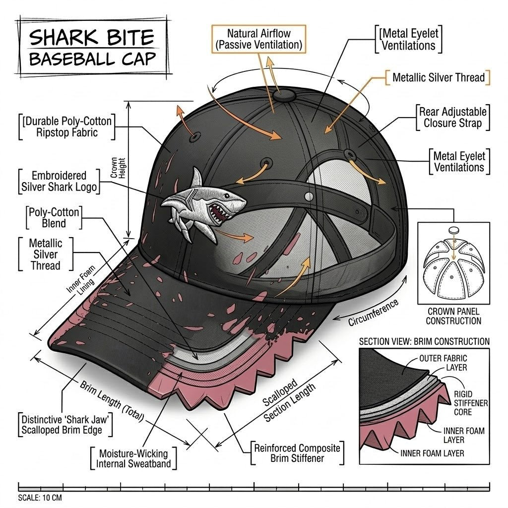 🦈 Czapka z daszkiem „Shark Bite” | Haftowany rekin • Postrzępiony daszek w kształcie zęba rekina