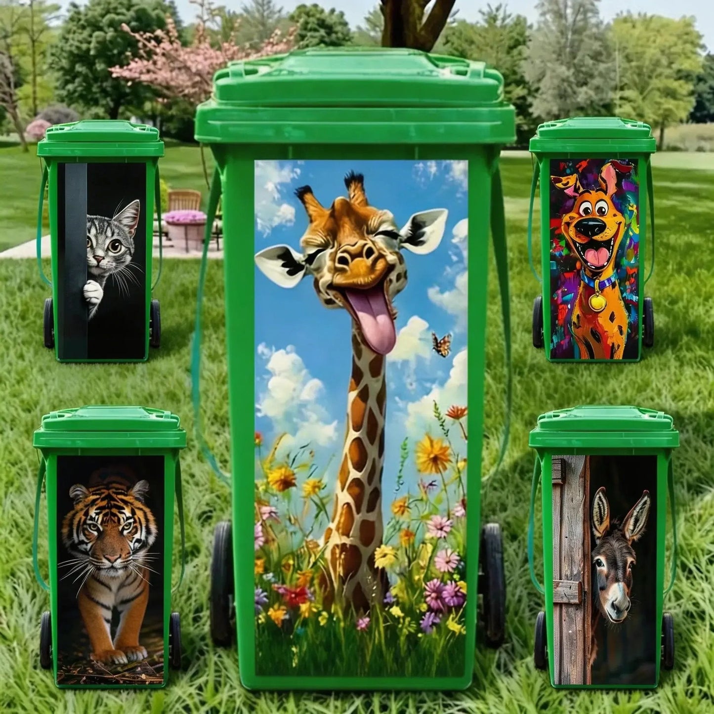 🦒🐯Kreatywna naklejka na kosz na śmieci z kolorową grafiką w stylu kreskówkowym✨