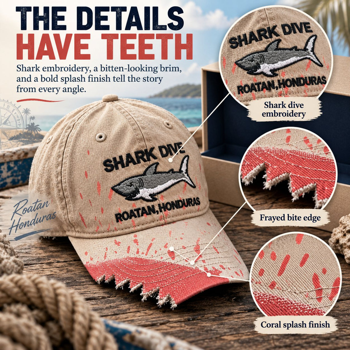 🦈 Czapka z daszkiem „Shark Bite” | Haftowany rekin • Postrzępiony daszek w kształcie zęba rekina