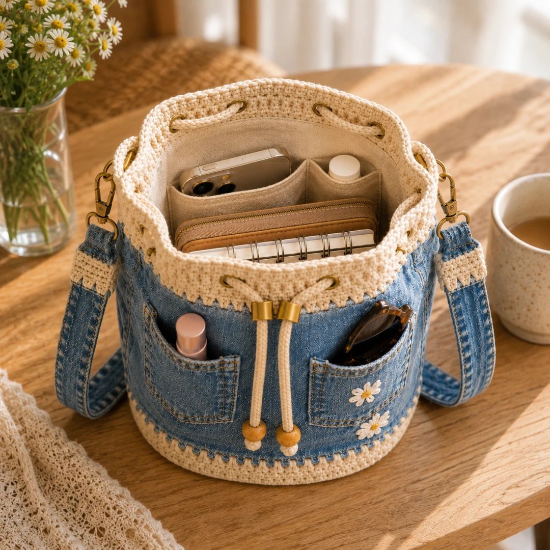 🔥Gorąca wyprzedaż! 50% zniżki!✨👜Ręcznie robiona, szydełkowana torebka typu wiaderko z jeansu