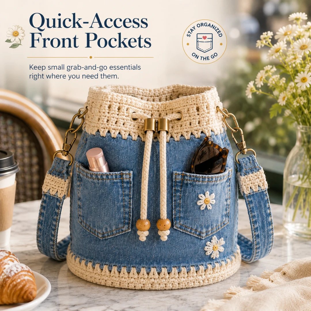 🔥Gorąca wyprzedaż! 50% zniżki!✨👜Ręcznie robiona, szydełkowana torebka typu wiaderko z jeansu