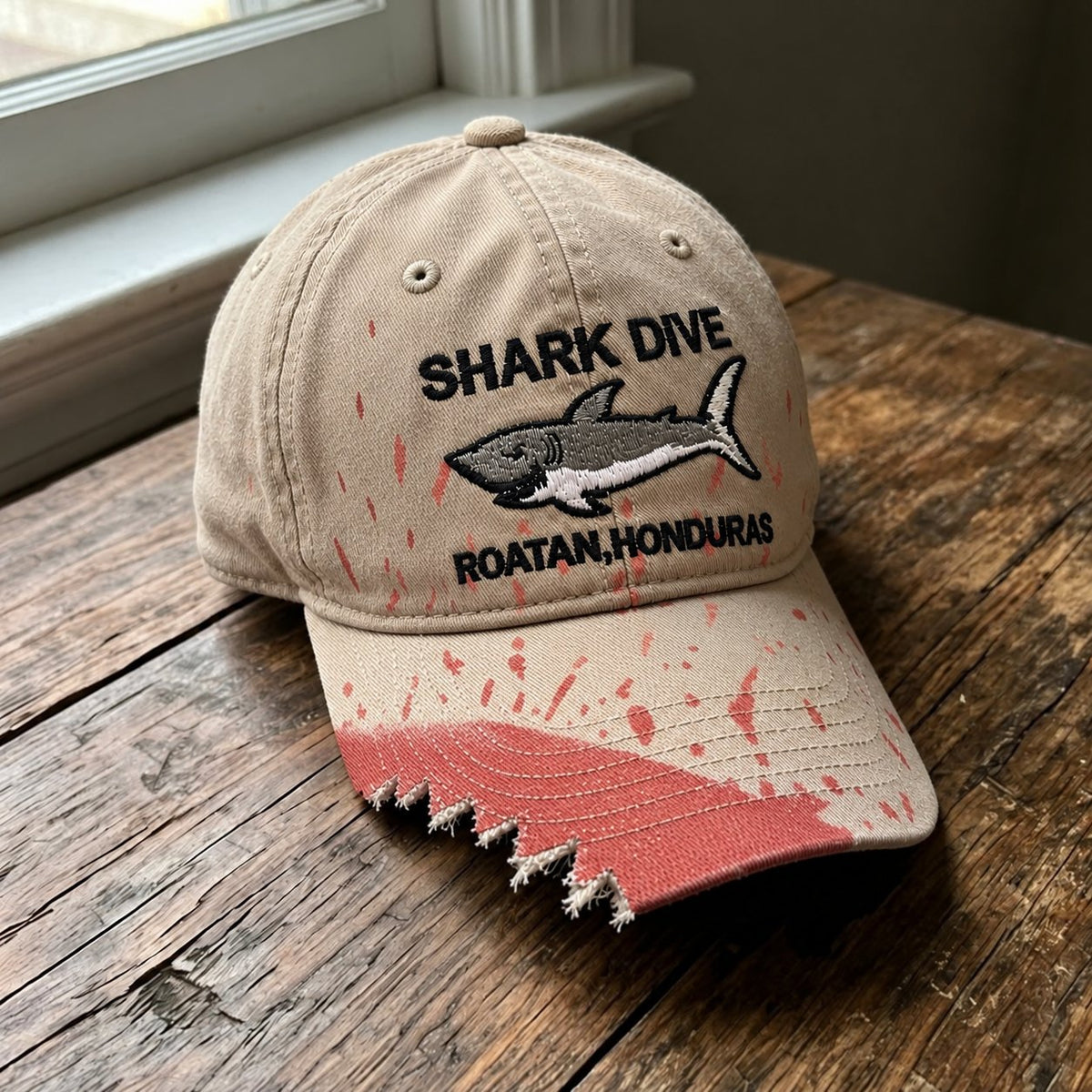 🦈 Czapka z daszkiem „Shark Bite” | Haftowany rekin • Postrzępiony daszek w kształcie zęba rekina