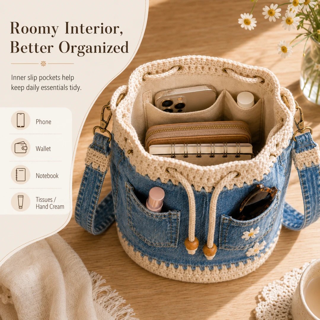 🔥Gorąca wyprzedaż! 50% zniżki!✨👜Ręcznie robiona, szydełkowana torebka typu wiaderko z jeansu