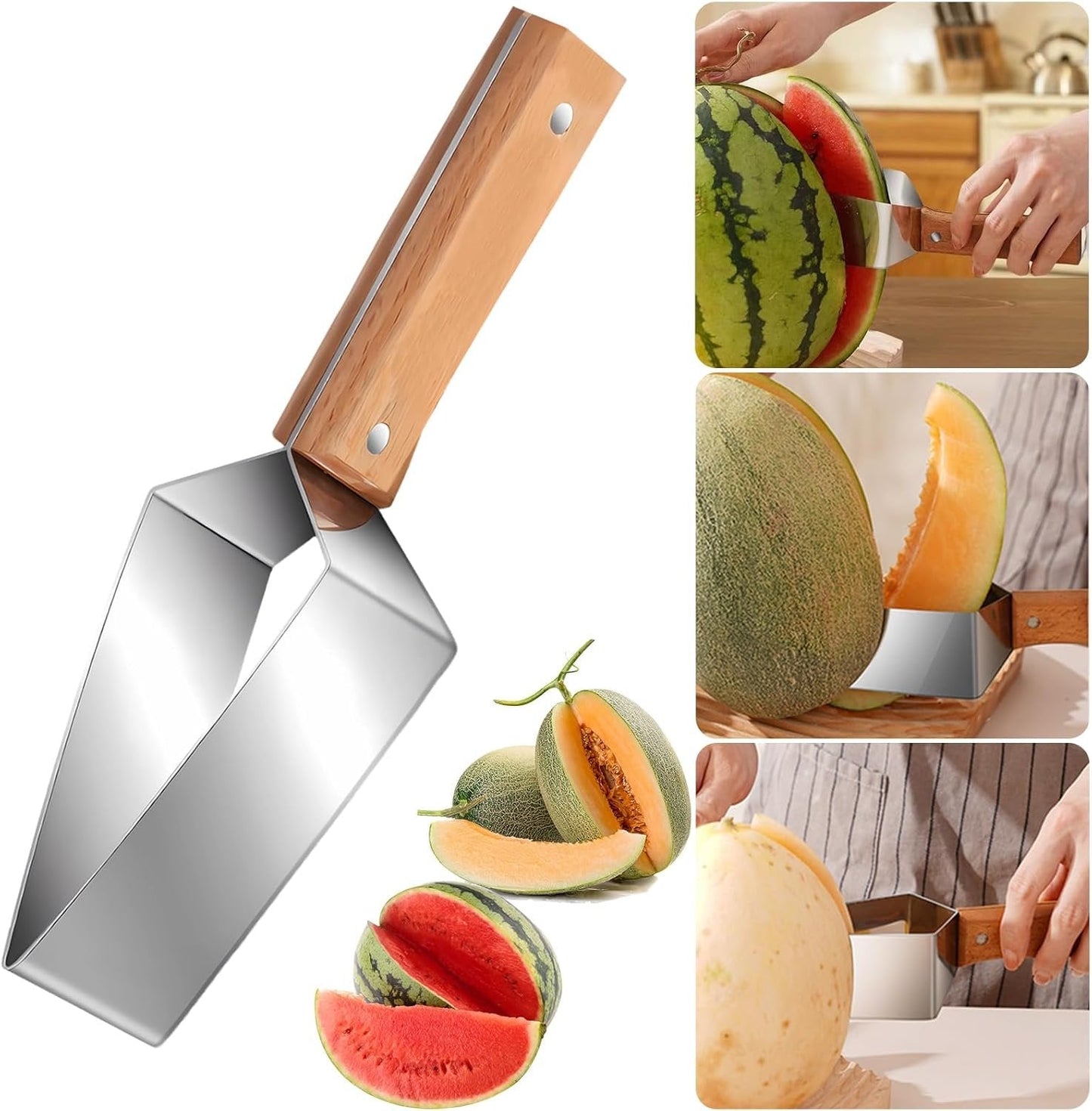 🍉🔪 Trójkątna krajalnica do arbuza — Stal nierdzewna z drewnianą rączką ✨