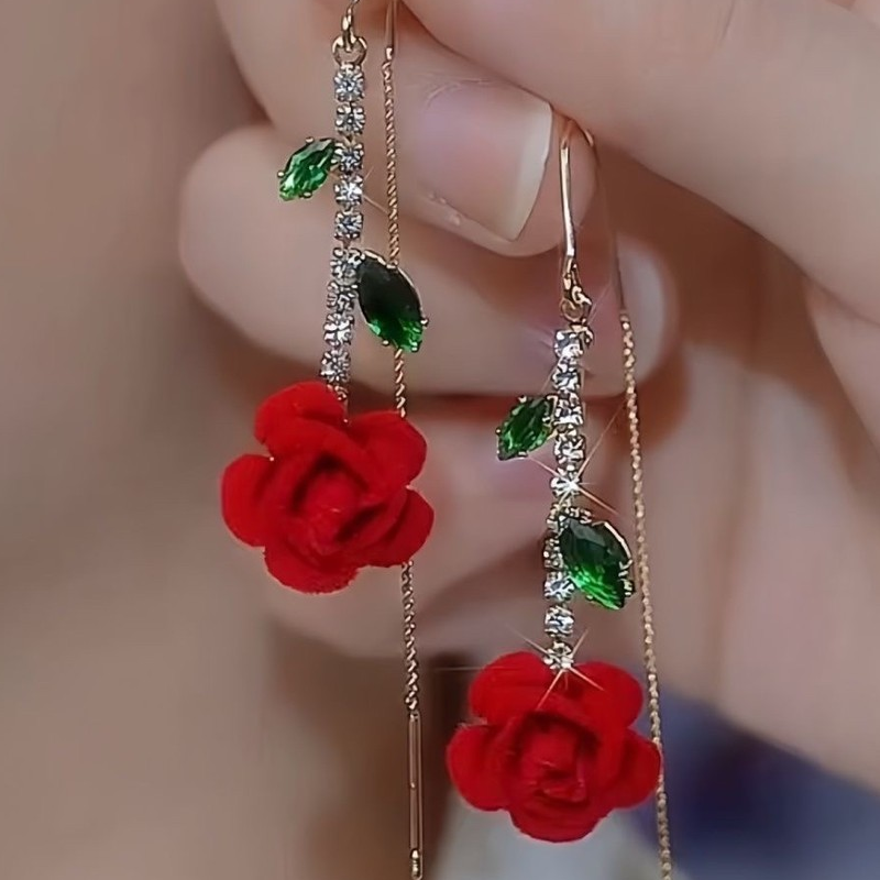 🌹✨Kolczyki z czerwoną różą i kryształową łodyżką
