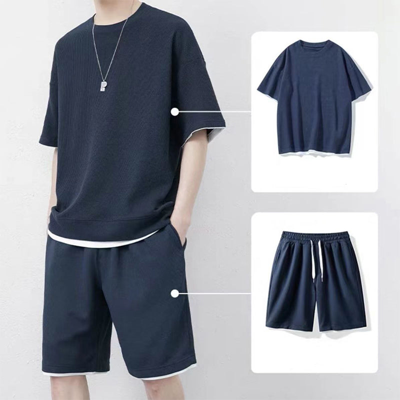 🎉 Ograniczona czasowo zniżka 50%! 👕 Męski zestaw z dzianiny waflowej: koszulka i szorty – Przewiewny i wygodny materiał, luźny krój 💙