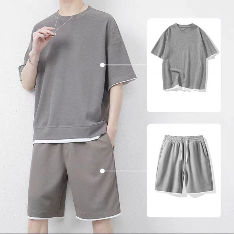 🎉 Ograniczona czasowo zniżka 50%! 👕 Męski zestaw z dzianiny waflowej: koszulka i szorty – Przewiewny i wygodny materiał, luźny krój 💙